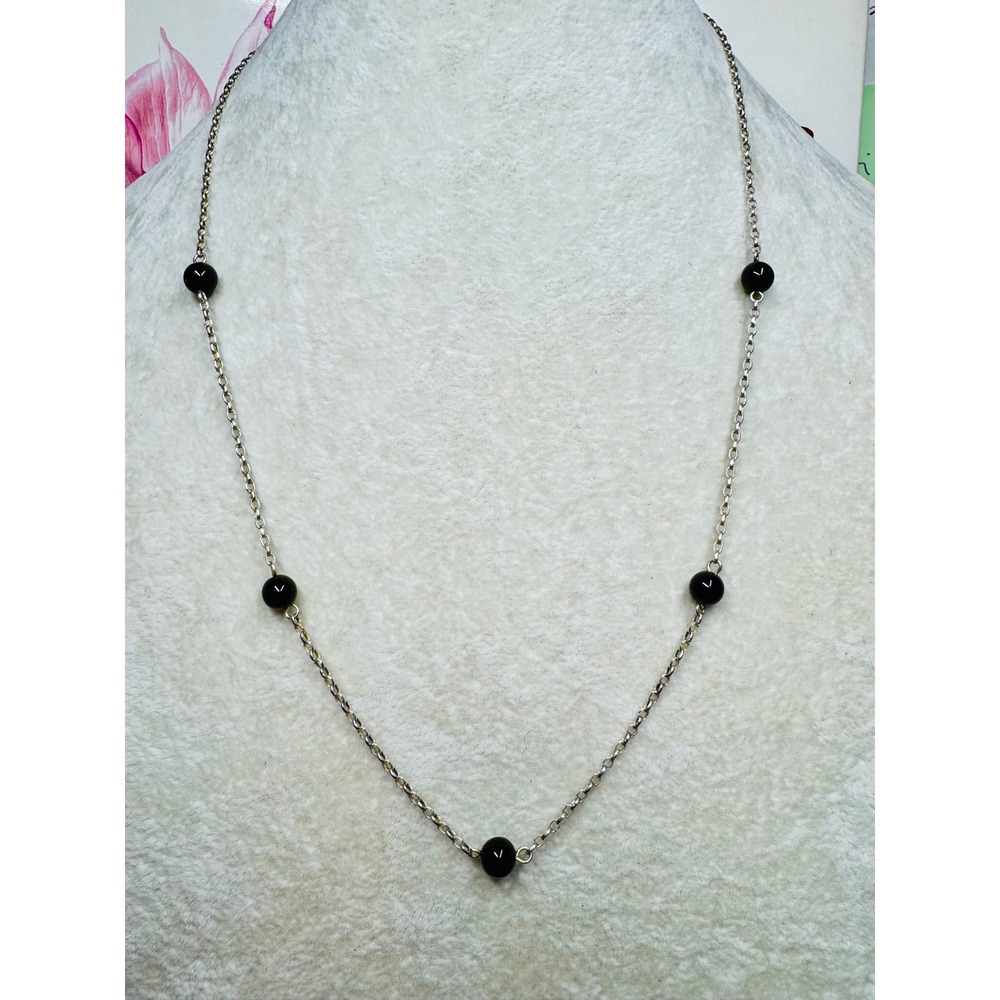Vintage Sunstone 925 Sterling Silver Black Onyx Station Bead Necklace 19.5" Y2K